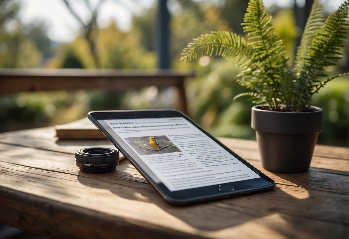 Bird identification book open on a table with a smartphone displaying an emergency bird watching tips article