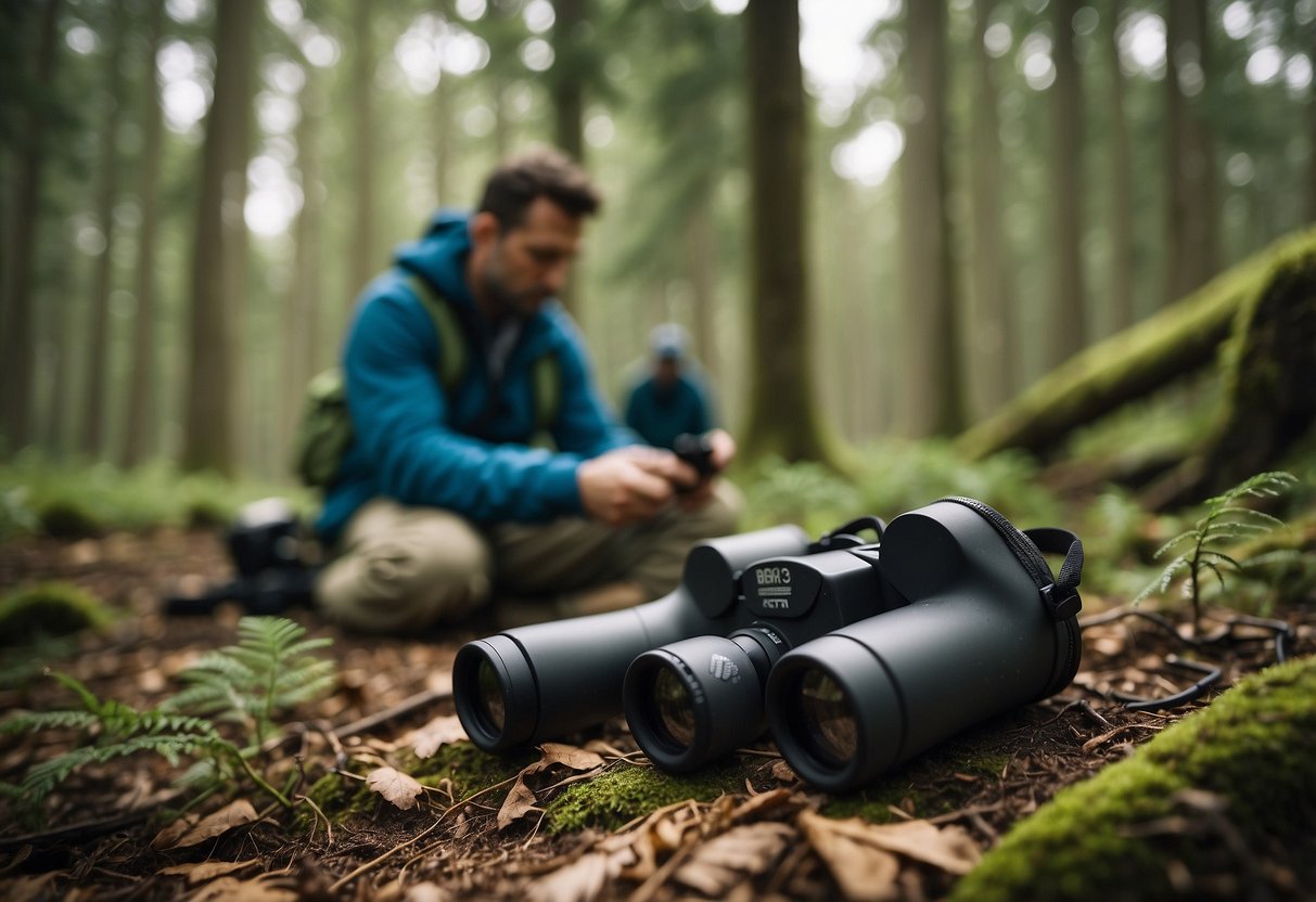 Birdwatcher uses binoculars, first aid kit, and phone in a forest. A bird lies injured on the ground while others fly above