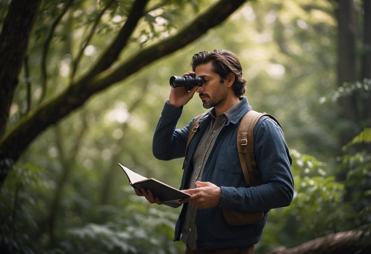 A person calmly observes a bird in a natural setting, surrounded by trees and wildlife. They hold a pair of binoculars and a notebook, ready to document their findings