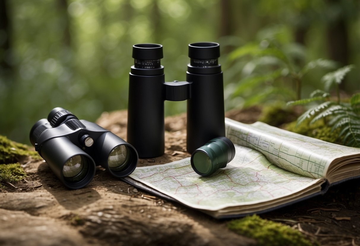 Bird watchers signaling for help, using a whistle and flashlight. A map with marked emergency contacts. Binoculars and first aid kit nearby