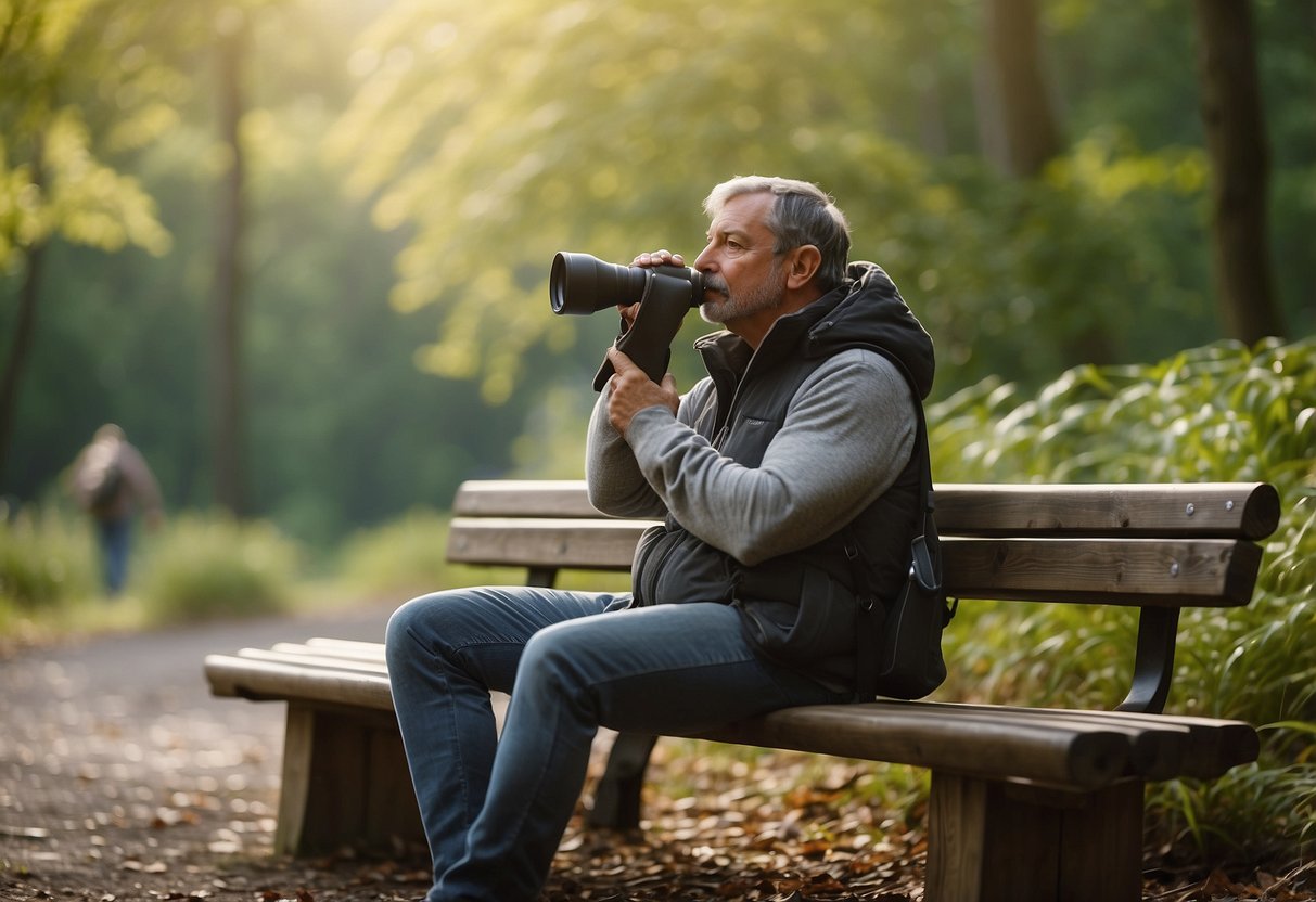 Birdwatcher rests on a bench, massaging sore muscles. Water bottle and healthy snacks nearby. Binoculars hang from neck. Forest and birds in background