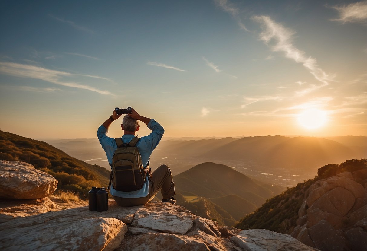 A person stretches in a natural setting, binoculars around their neck. A bird guidebook lies open on a nearby rock. The sun is low in the sky, casting a warm glow over the scene