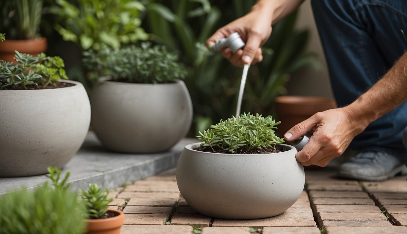 Outdoor concrete pots arranged on a patio, surrounded by greenery. A person is seen applying a protective sealant to the pots