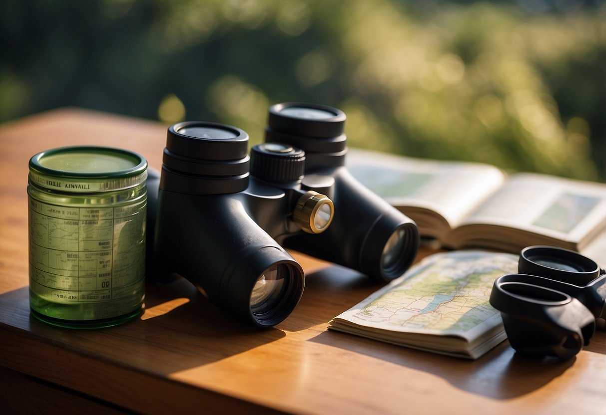 A water bottle surrounded by binoculars, a map, and a bird guidebook on a table. A scenic view of birds in the background