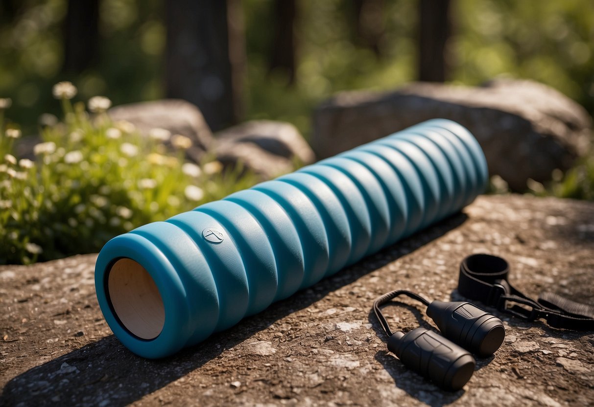 A foam roller sits on the ground, surrounded by nature and bird watching gear. It is ready for use to manage sore muscles on bird watching trips