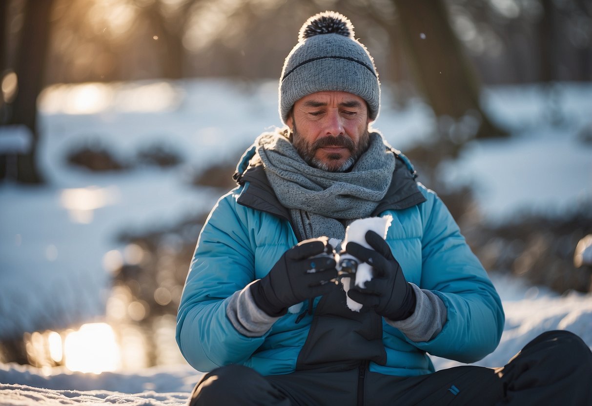 A birdwatcher applies cold and heat therapy to soothe sore muscles, using ice packs and warm towels