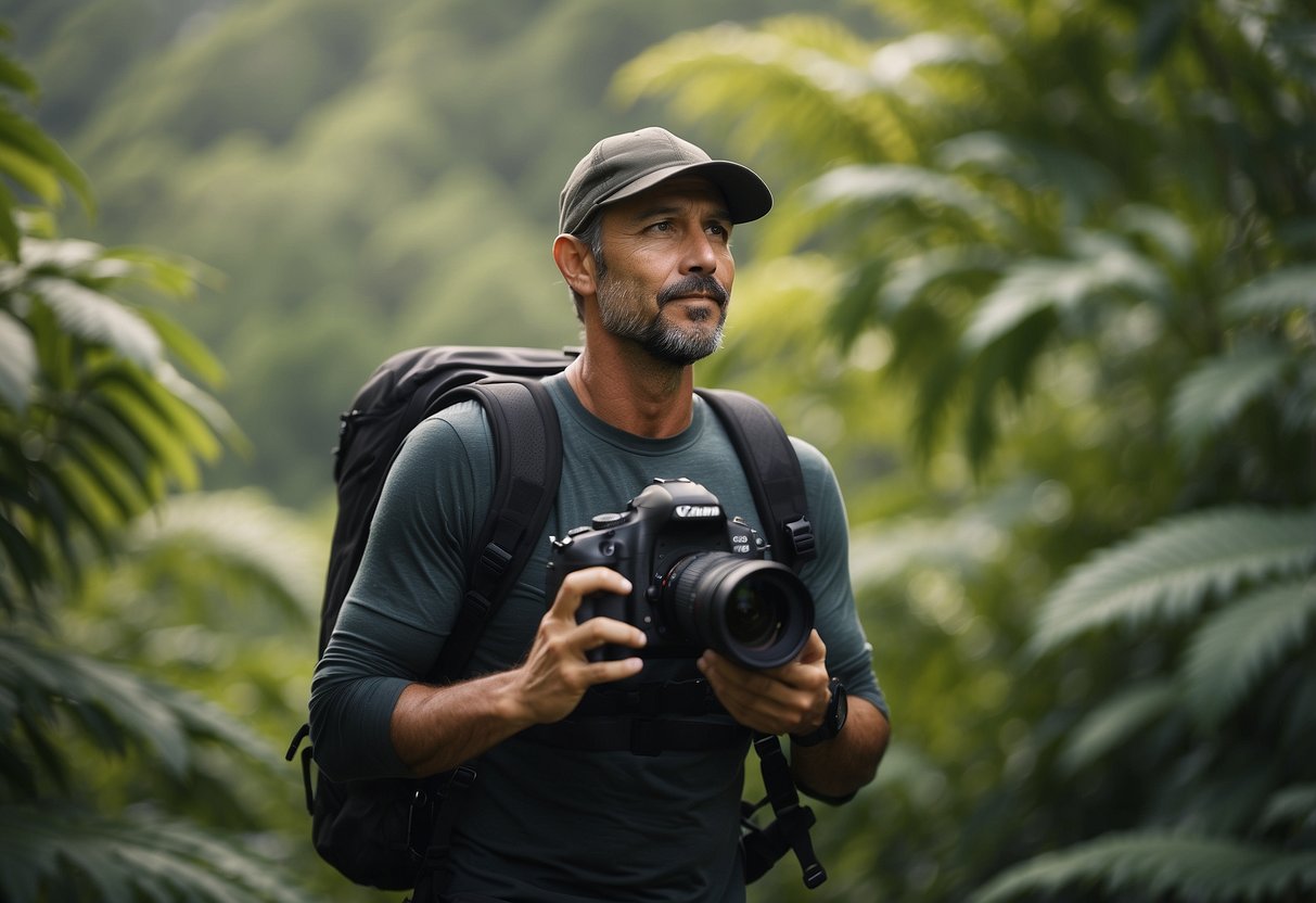 A birdwatcher in compression clothing scans the horizon, surrounded by lush foliage and a variety of bird species