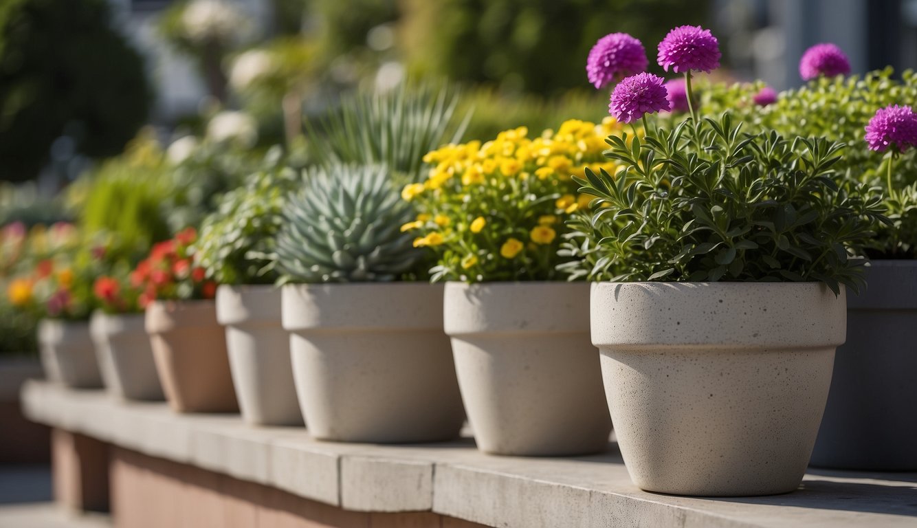A variety of outdoor concrete pots arranged on a patio, filled with vibrant green plants and colorful flowers, surrounded by decorative garden ornaments