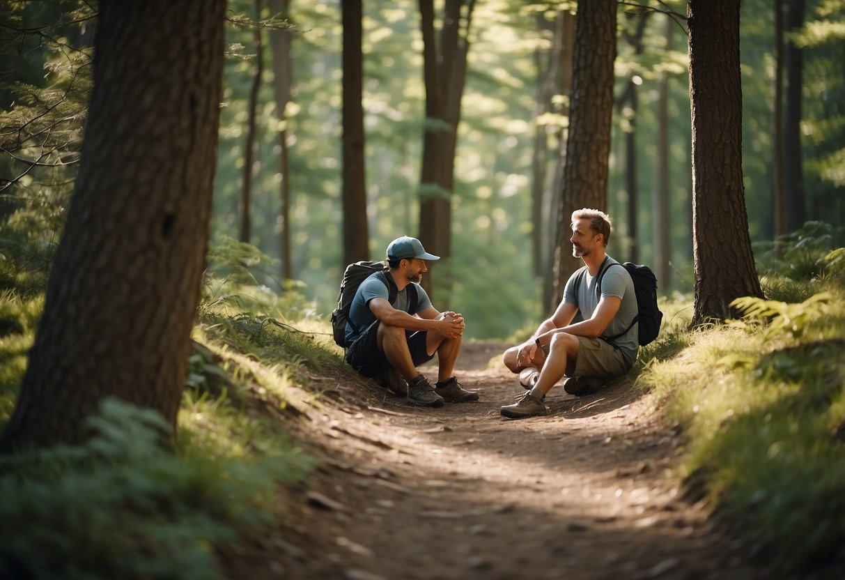 Hikers resting on trail, surrounded by trees and birds. Aching muscles soothed with stretching and hydration