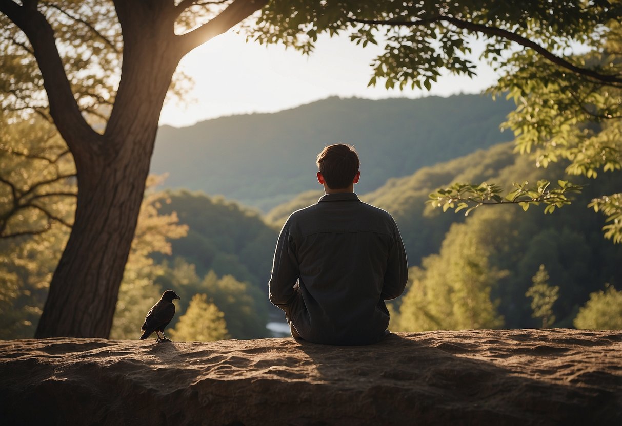 A person sitting upright with a straight back, shoulders relaxed, and head held high while observing birds in a natural setting