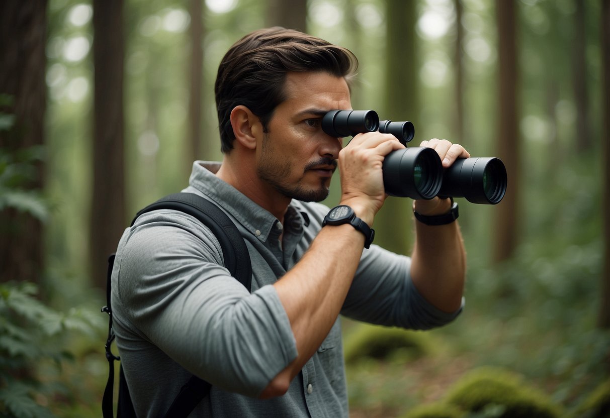 A person holding binoculars while walking through a forest, with a slight grimace on their face, indicating muscle soreness. The person is surrounded by trees and birds, showing the activity of bird watching