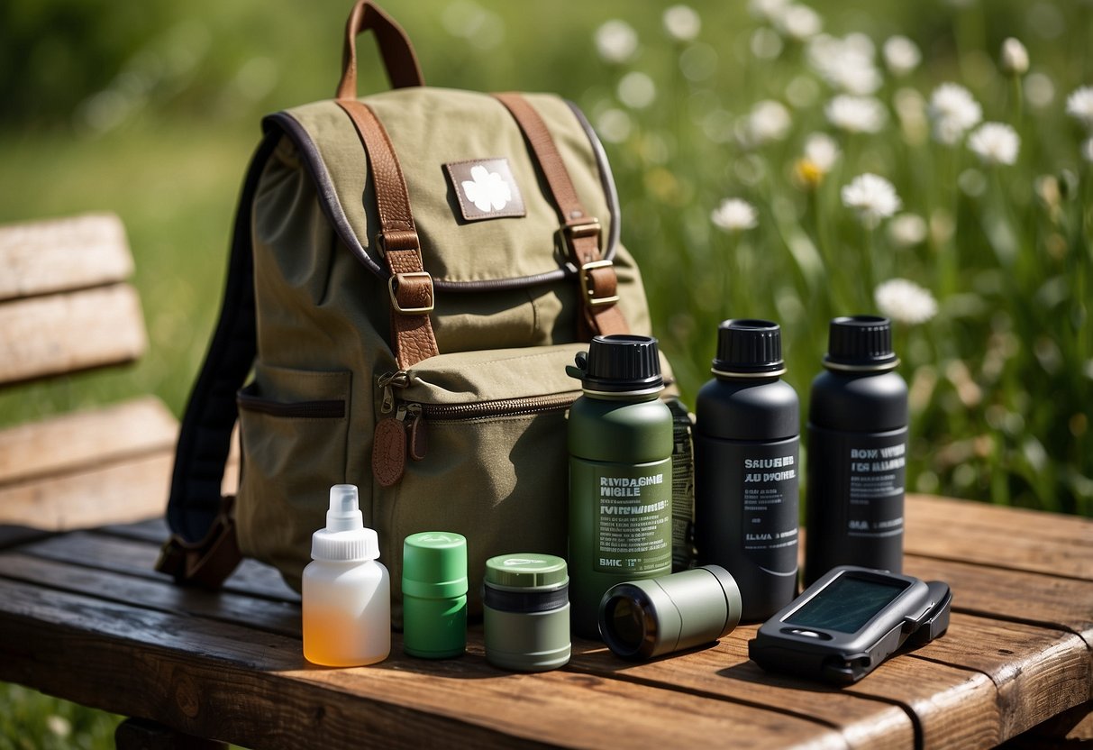 A birdwatcher's backpack with water bottle, sunscreen, and a first aid kit. Binoculars and a field guide lay nearby on a wooden bench