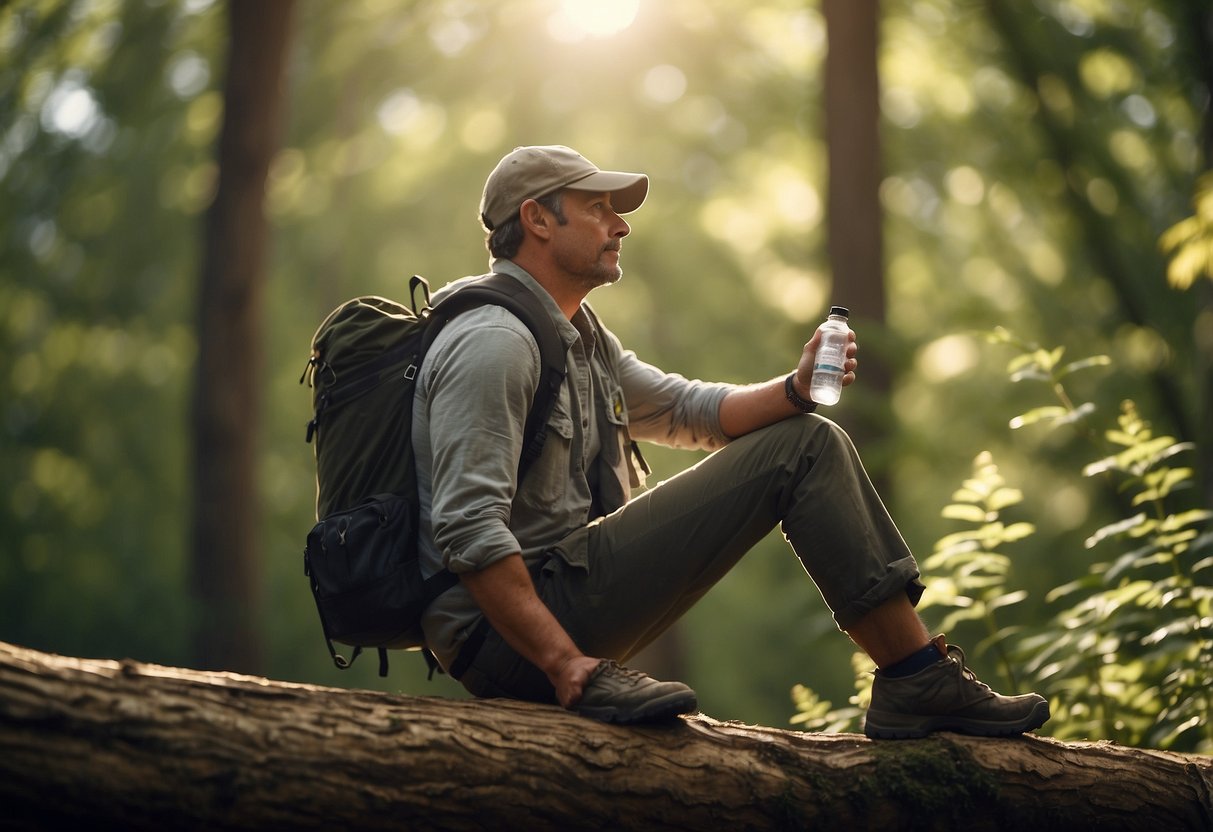 A birdwatcher sits on a log, surrounded by nature. They hold a water bottle and stretch their legs. A backpack and binoculars lay nearby. The sun shines through the trees