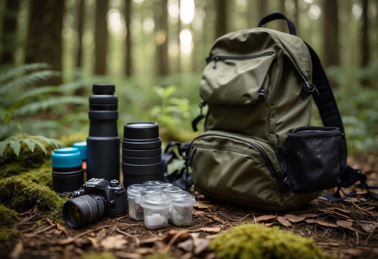 Birdwatching gear scattered on a forest floor, with a pair of binoculars, a field guide, and a water bottle. A person's backpack is open, with a map and a first aid kit visible