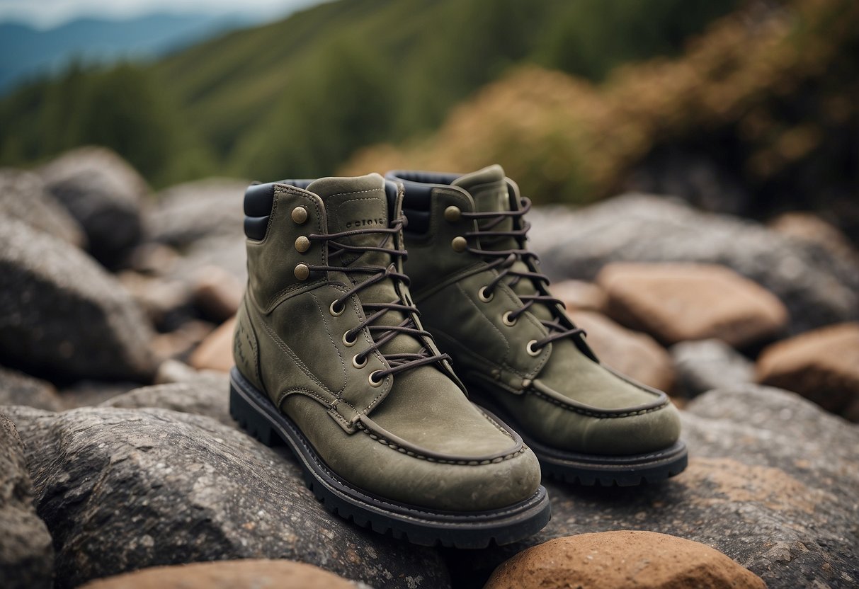 Bird watching shoes arranged on rocky terrain, surrounded by diverse bird species. The shoes are sturdy and durable, with rugged soles for traction