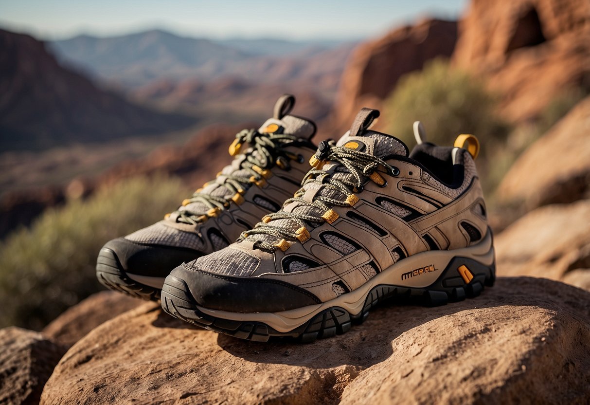 A pair of Merrell Moab 2 Ventilator shoes placed on rocky terrain, surrounded by various bird species