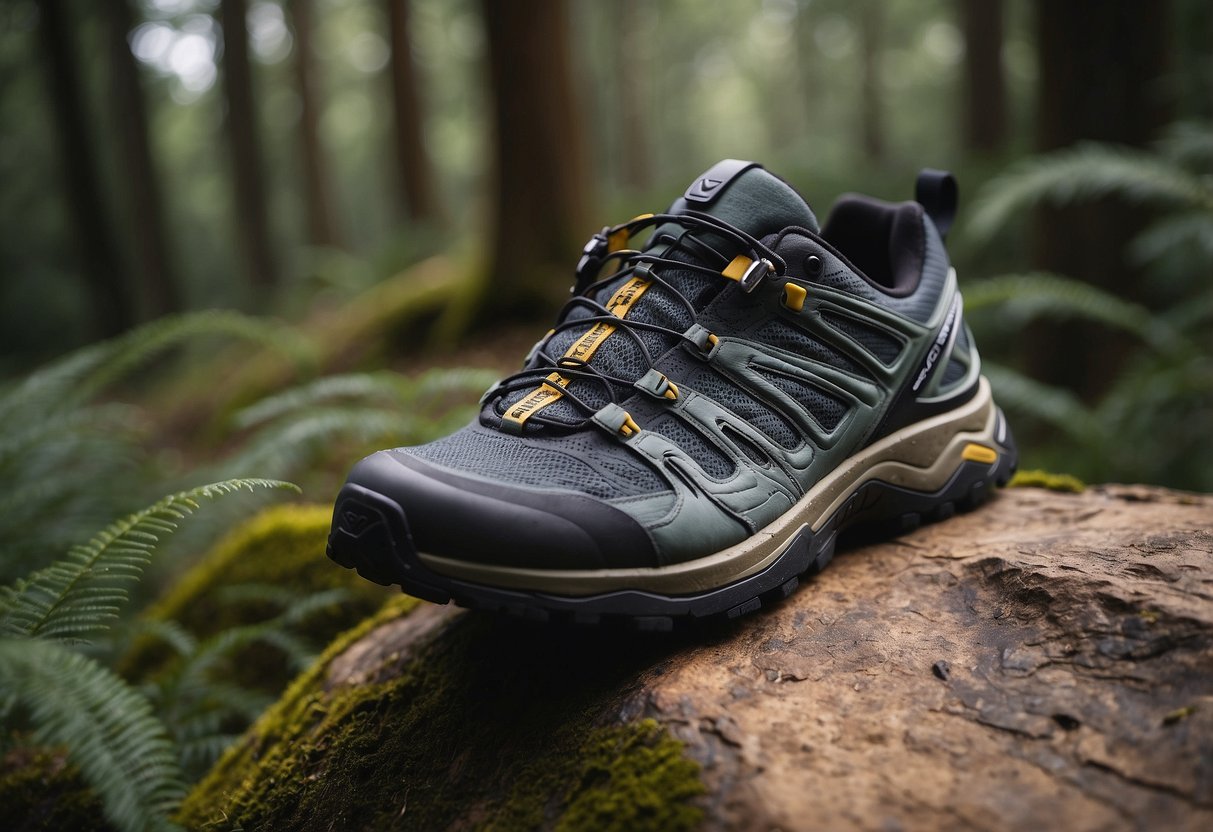 A pair of Salomon X Ultra 3 GTX shoes resting on rocky terrain, surrounded by trees and bushes