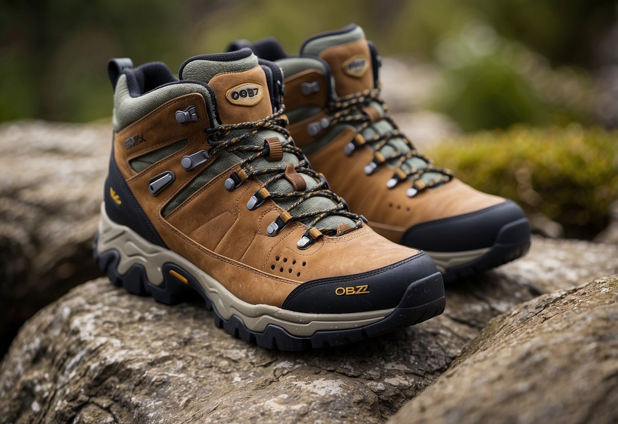 A pair of Oboz Sawtooth II Low BDry shoes placed on rocky terrain, surrounded by bird watching equipment and a pair of binoculars