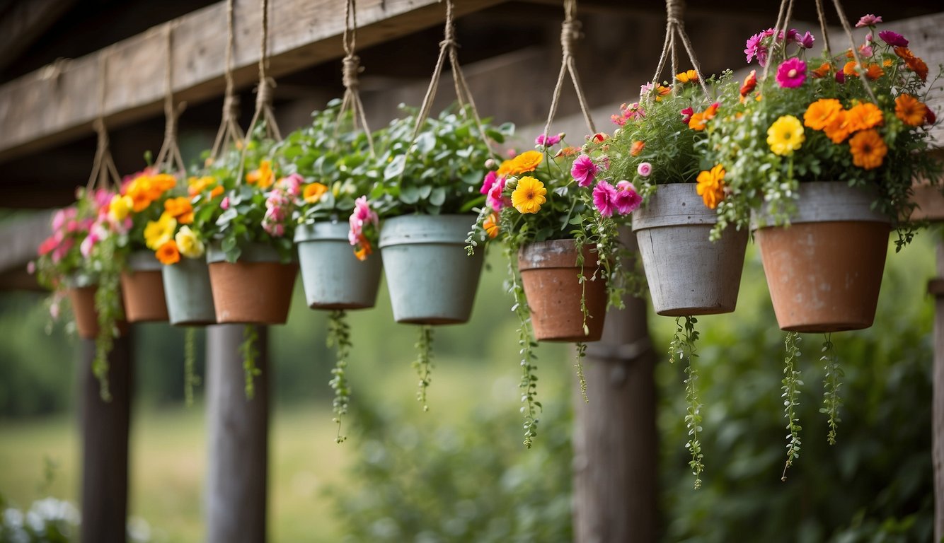 Several hanging pots dangle from a rustic wooden beam, each filled with vibrant flowers and cascading greenery
