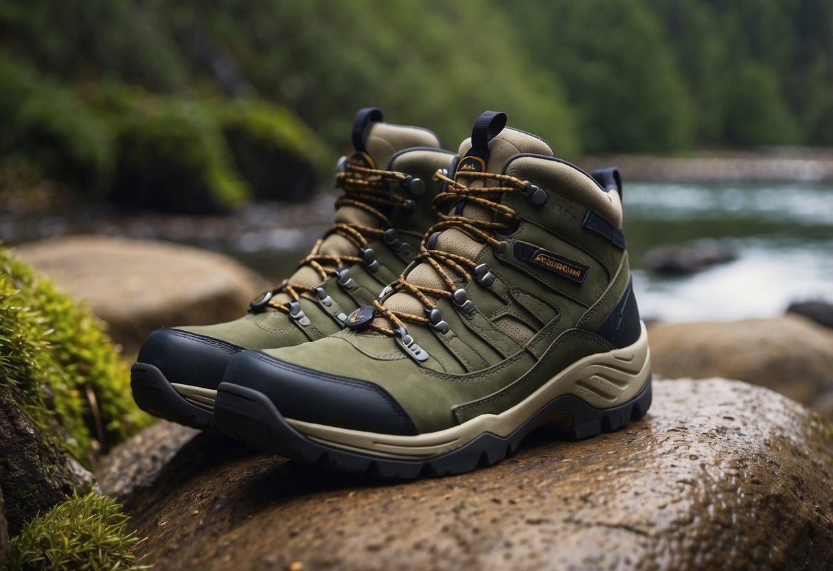 A pair of Columbia Redmond Waterproof shoes placed on rocky terrain with binoculars and bird guide nearby