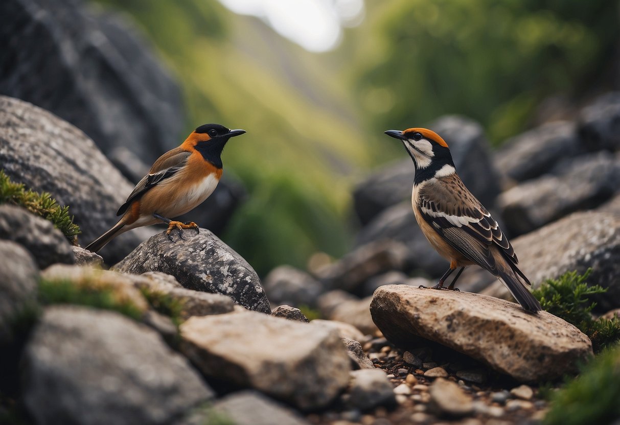 Rocky terrain with various bird species. Shoes with sturdy soles and ankle support are essential. Scenic landscape with rocky paths and diverse birdlife