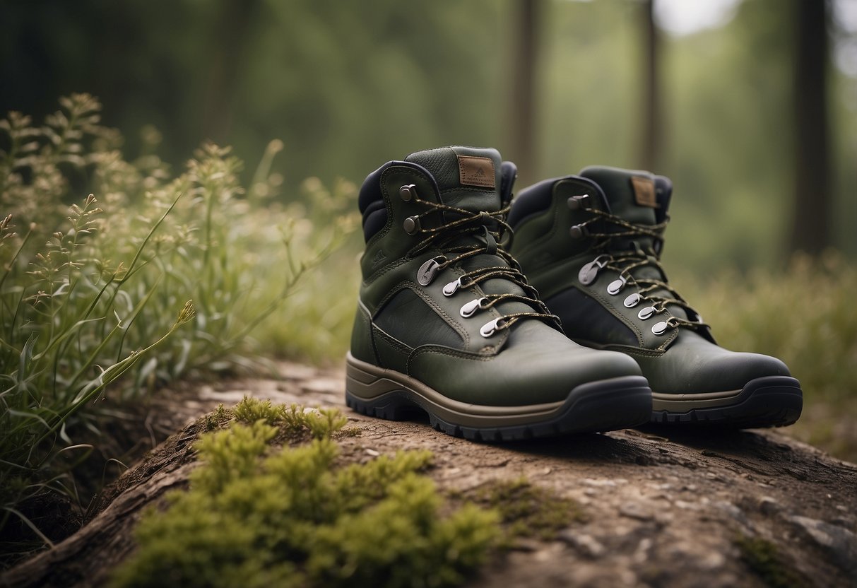 Sturdy hiking boots with durable soles. Rough, rocky terrain with scattered shrubs and patches of grass. Bird watching binoculars and a field guide