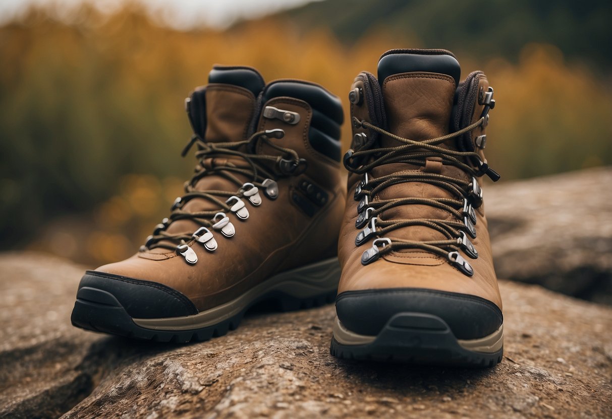 A pair of sturdy hiking boots surrounded by rocky terrain, with a pair of binoculars and a bird field guide nearby