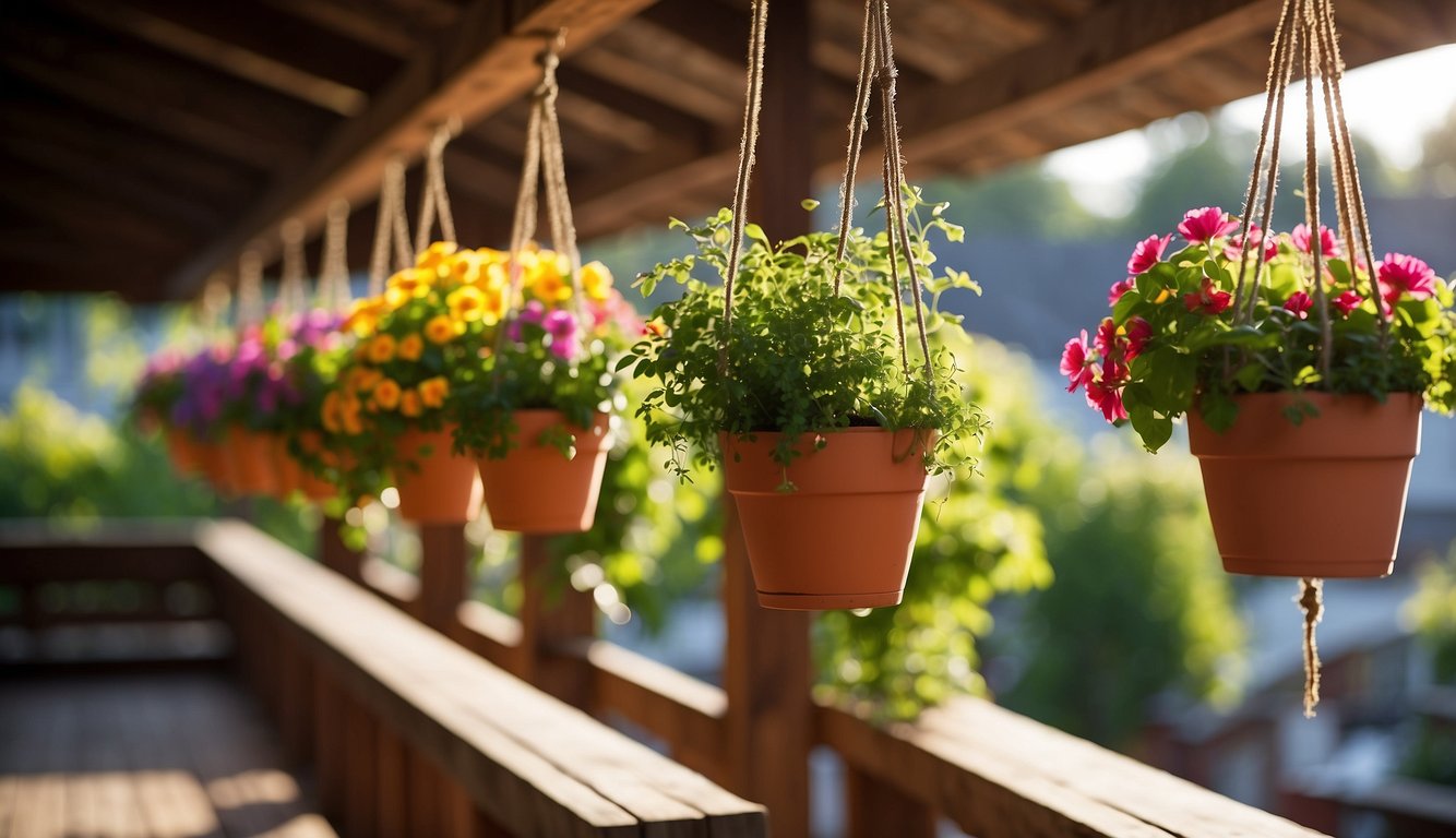 Several colorful hanging pots dangle from a wooden beam, each filled with vibrant flowers or lush green plants. Sunlight filters through the leaves, casting a warm glow on the scene