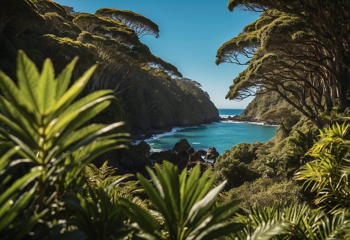 Lush forest with diverse bird species on Tiritiri Matangi Island, New Zealand. Clear blue skies and calm ocean surround the tranquil paradise