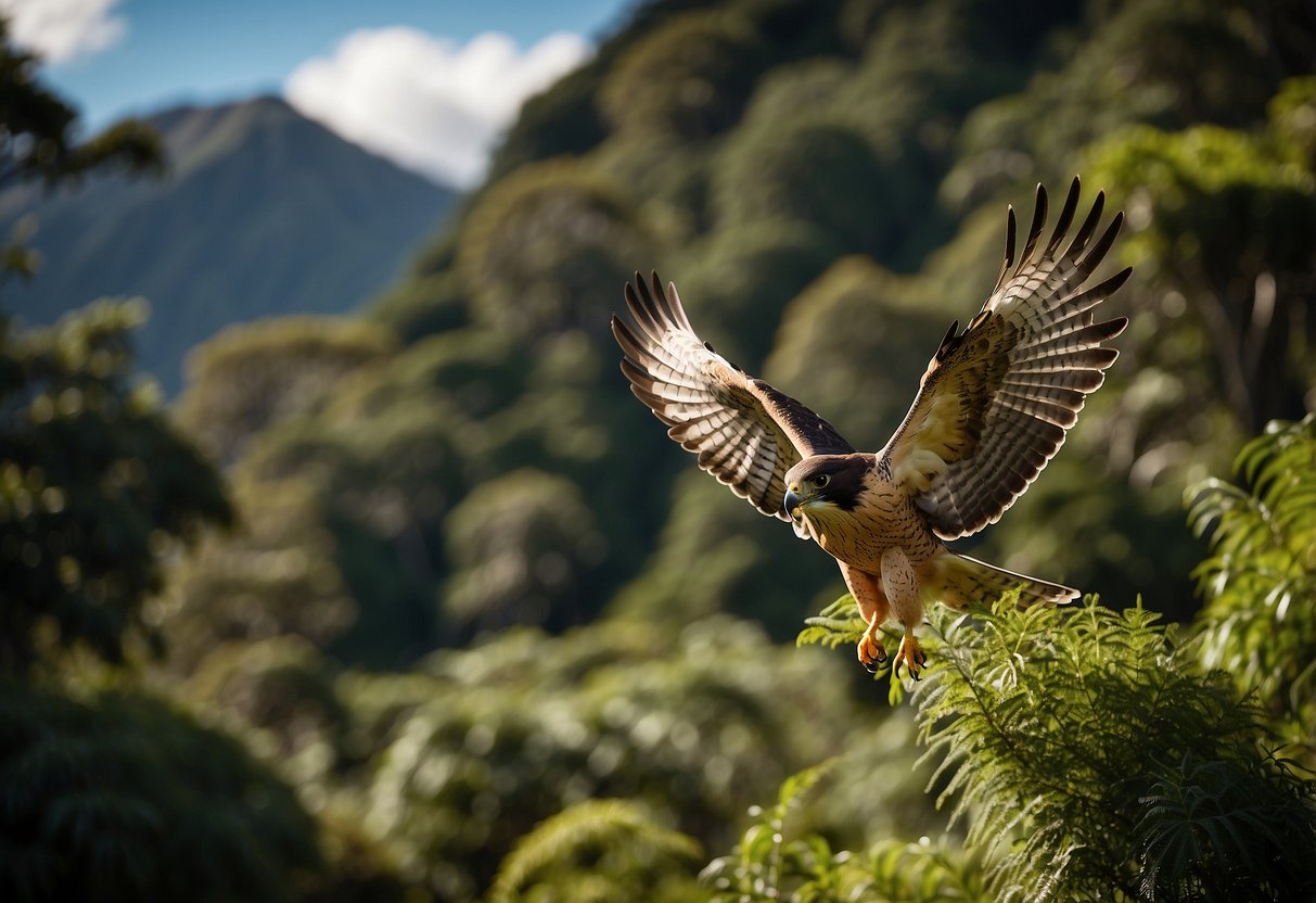 A New Zealand falcon soars over lush greenery in a sanctuary. Other native birds perch in the trees, as birdwatchers observe from a distance