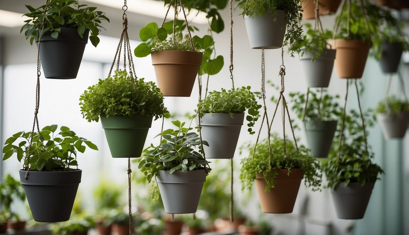 Several hanging pots are arranged in a staggered formation, suspended from a metal rod mounted on the wall. The pots vary in size and are filled with lush green plants, creating a visually appealing and functional display