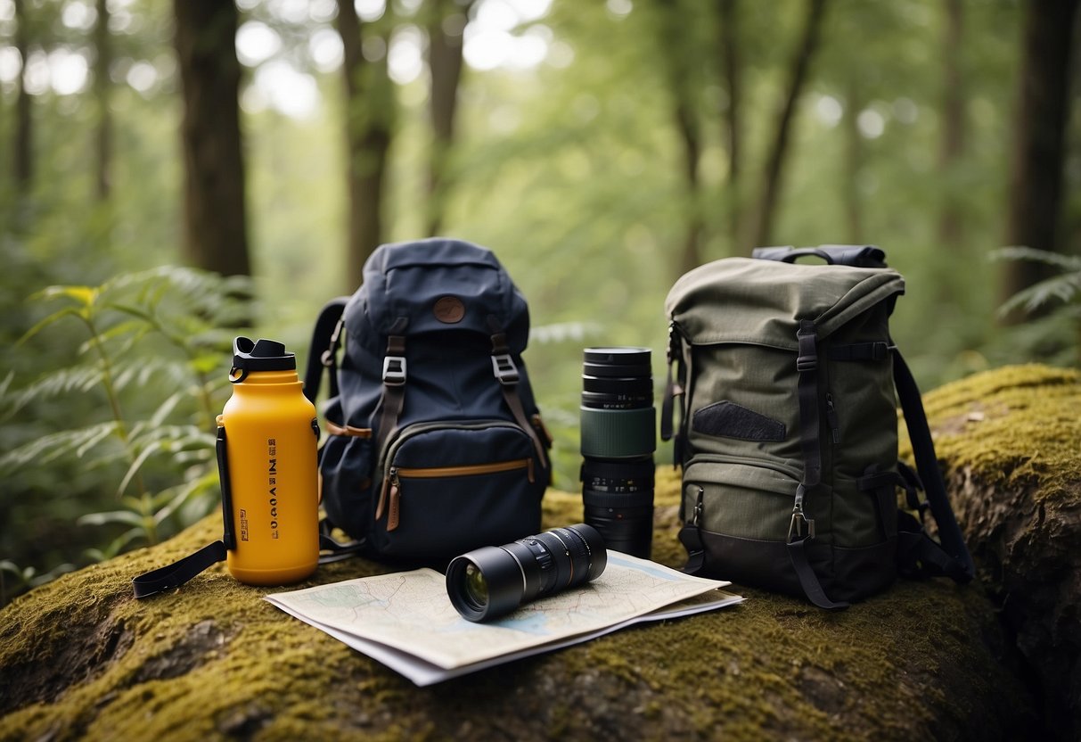 Birds perched on trees, a pair of binoculars hanging from a backpack, a field guide open on the ground, a map and compass nearby, a camera set up on a tripod, and a water bottle placed on a rock