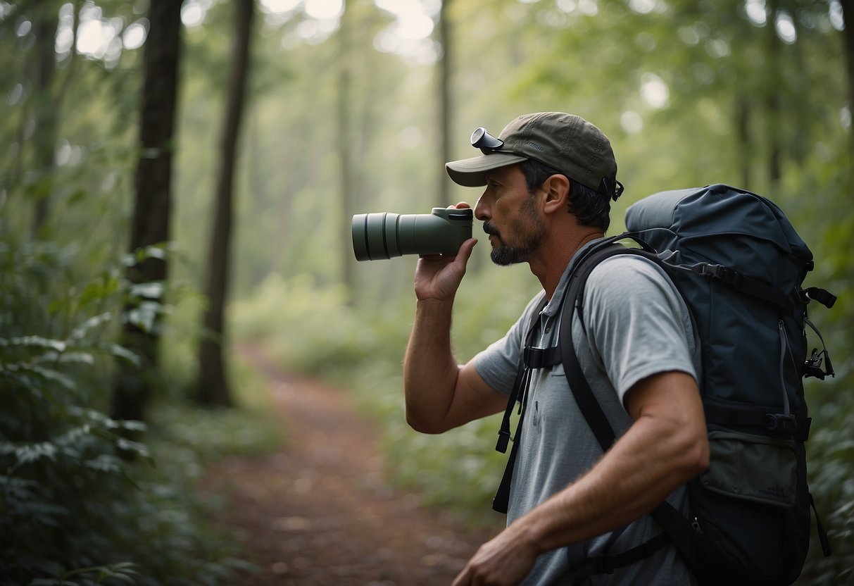 A person carries a field guidebook while observing birds in a remote area. Binoculars hang around their neck as they scan the treetops