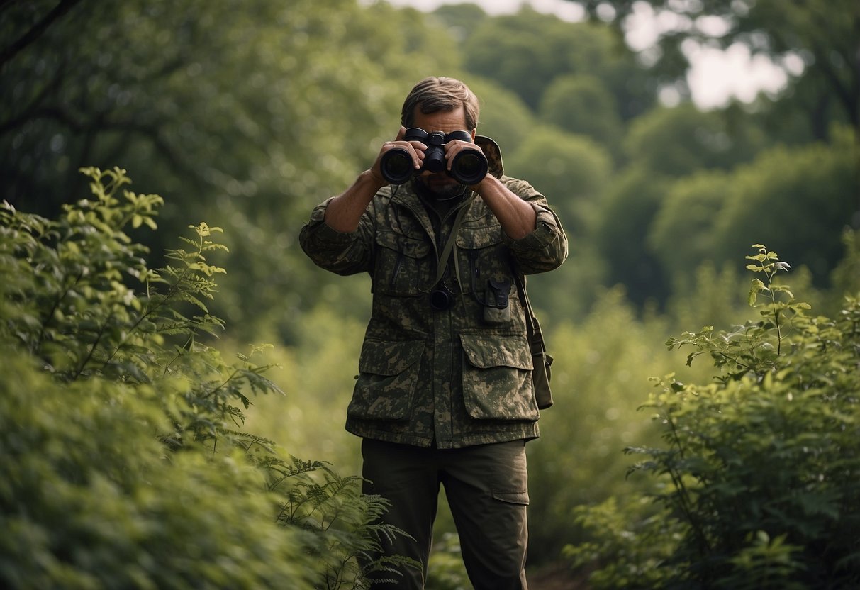 A figure in camouflaged clothing observes birds in a remote area, surrounded by trees and bushes. Binoculars and a field guide are nearby