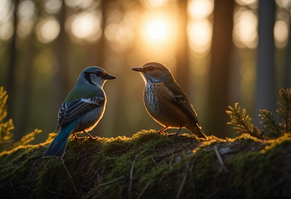 Birds perched in a dense forest, chirping softly. A lone watcher observes from a distance, binoculars in hand. The sun sets, casting a warm glow over the tranquil scene