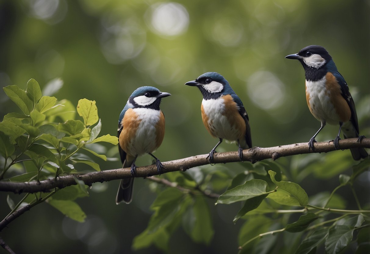 Birds perched on branches, surrounded by dense foliage. A serene, remote setting with a sense of stillness and tranquility