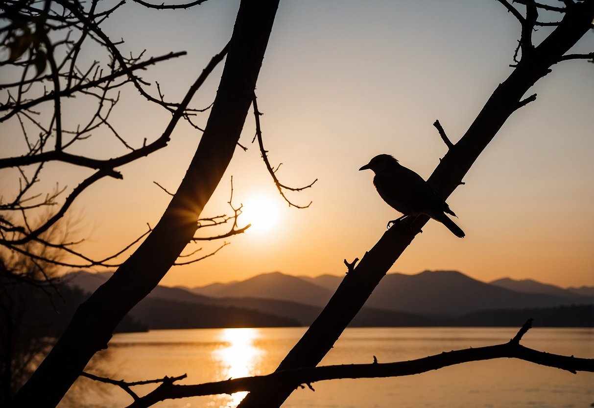 Birds perched on branches, silhouetted against the warm glow of the setting sun. Distant mountains and a tranquil lake in the background