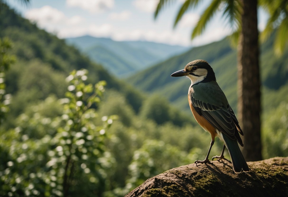 Lush forest with diverse bird species, clear skies, and a tranquil remote setting. Birdwatching tips displayed in the foreground