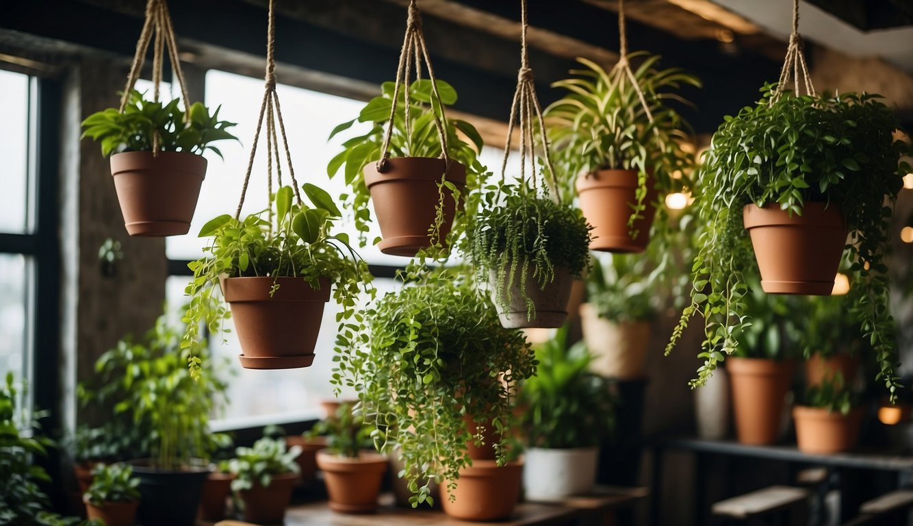 Several hanging plant pots dangle from the ceiling, each filled with vibrant green foliage, creating a lush and natural atmosphere