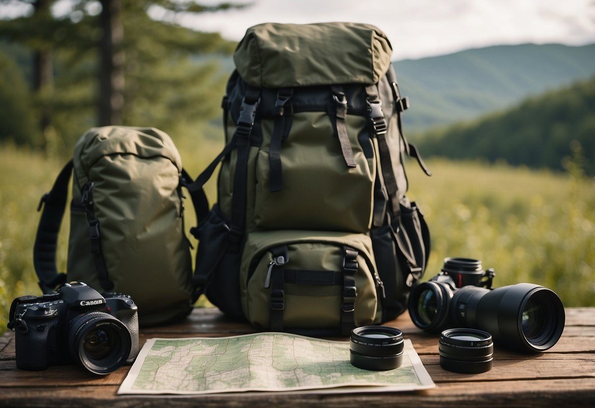 A person sets up binoculars, a field guide, and a camera on a backpack near a forest clearing. A map and water bottle sit nearby