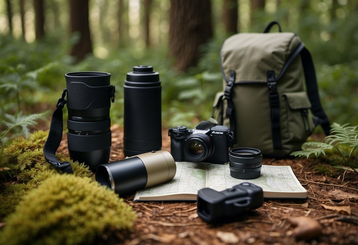 Birdwatching gear laid out on a forest floor: binoculars, field guide, water bottle, and map. A backpack rests nearby, surrounded by lush greenery and chirping birds