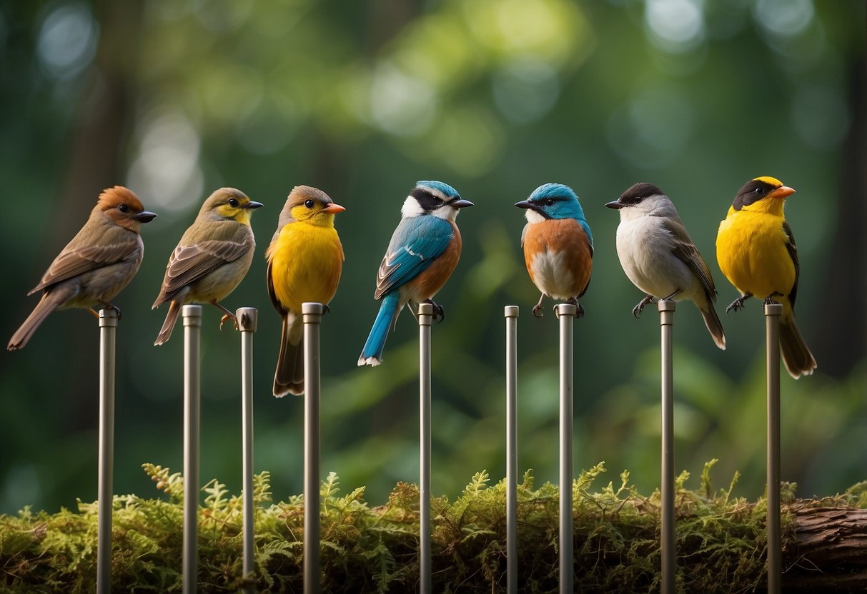 A tranquil forest clearing with five different lightweight bird watching poles arranged in a neat row, surrounded by lush greenery and a variety of colorful birds perched on nearby branches