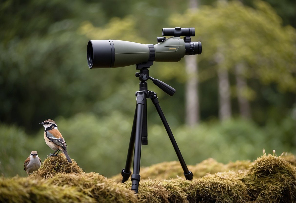 A spotting scope and tripod stand next to five lightweight bird watching poles