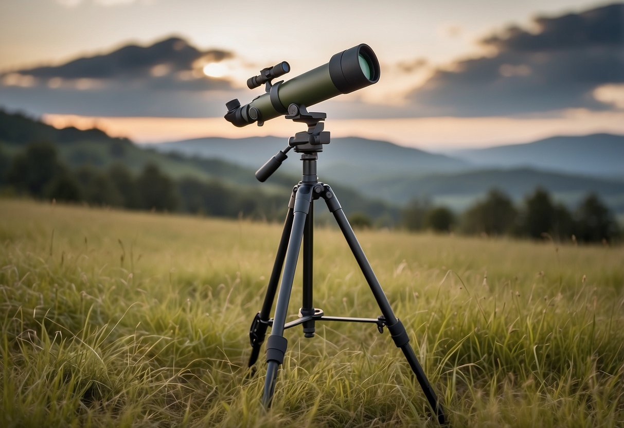 A Celestron 82050 TrailSeeker Tripod stands on a grassy field, with a pair of binoculars resting on top, ready for bird watching