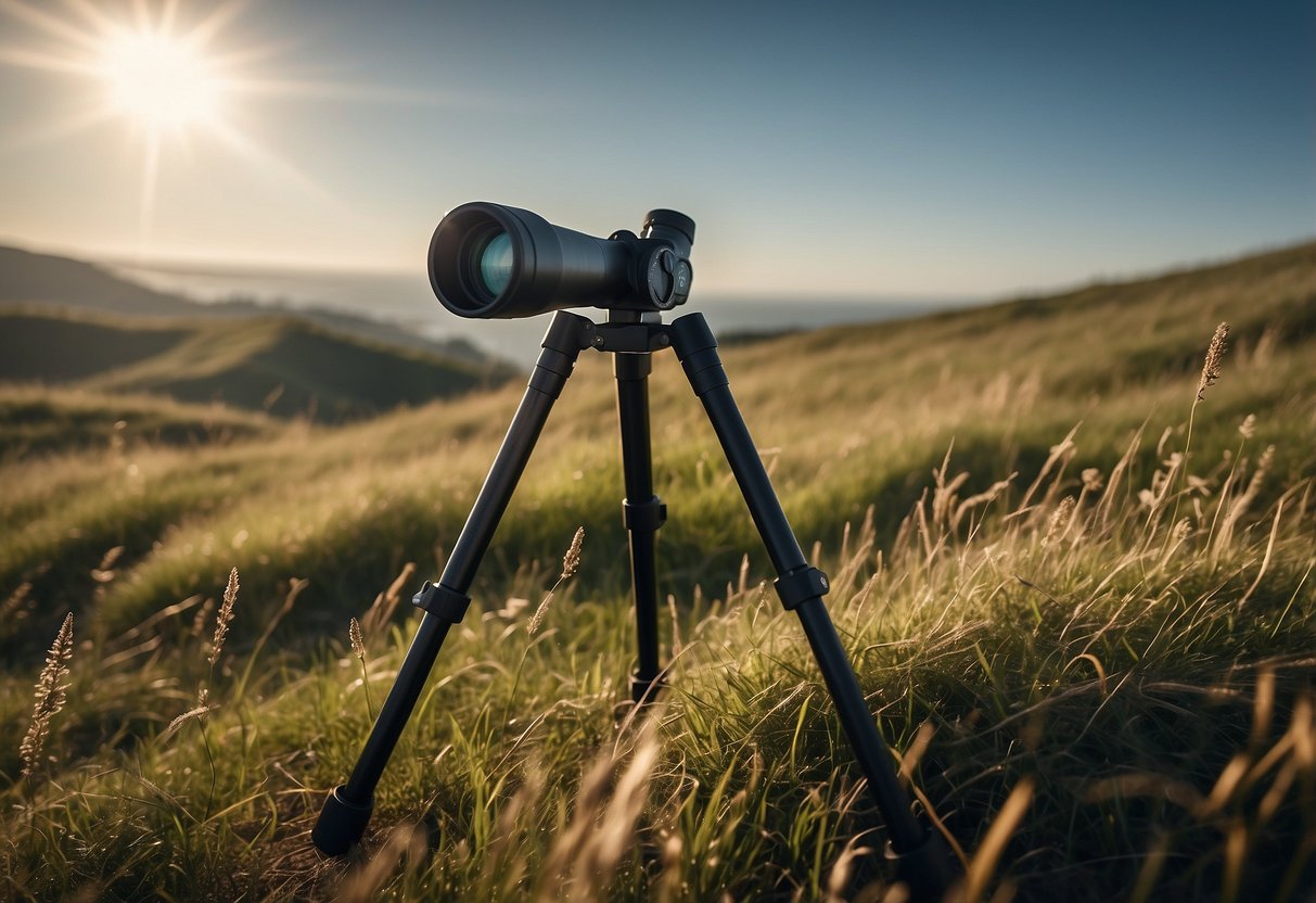 A sturdy tripod stands on a grassy hill, supporting binoculars pointed towards the sky. A flock of birds can be seen in the distance