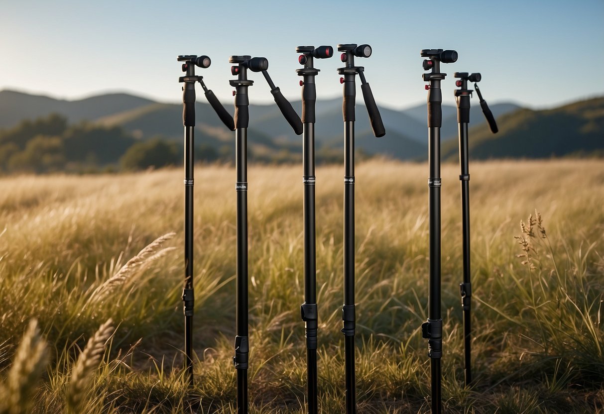 A group of Manfrotto Befree Advanced 5 lightweight bird watching poles standing tall in a field, with birds perched on top and a clear blue sky in the background