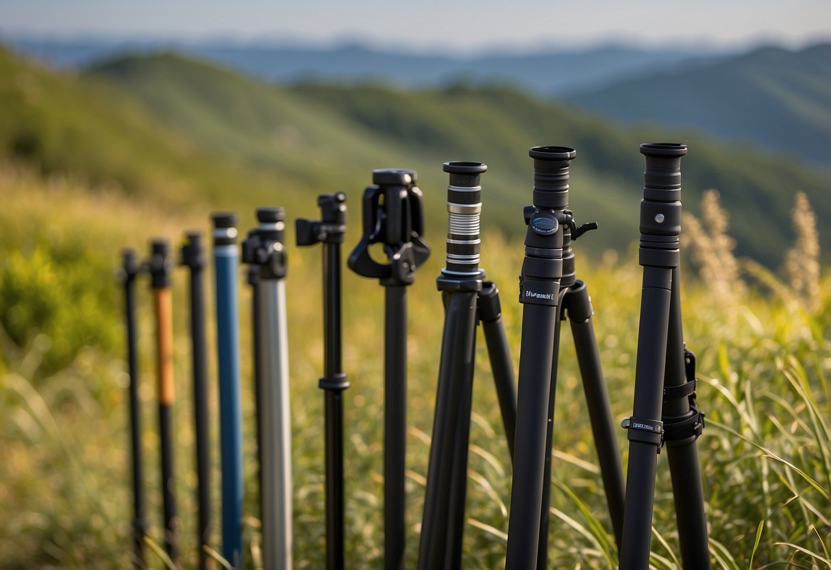 A variety of lightweight bird watching poles are displayed against a natural backdrop, showcasing their key features for potential buyers