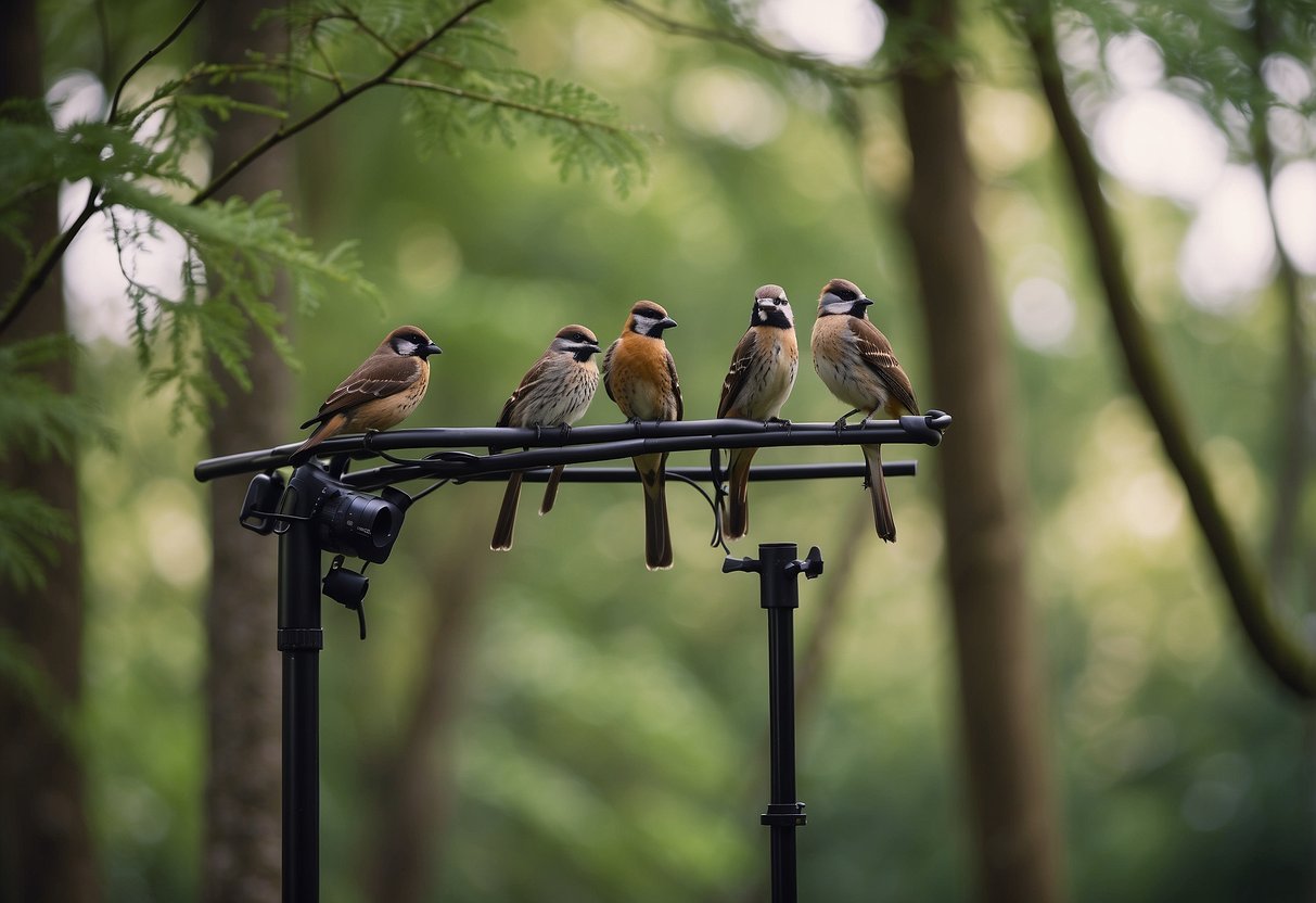 A serene forest clearing with a variety of birds perched on branches, while a lightweight bird watching pole is set up nearby, ready for use