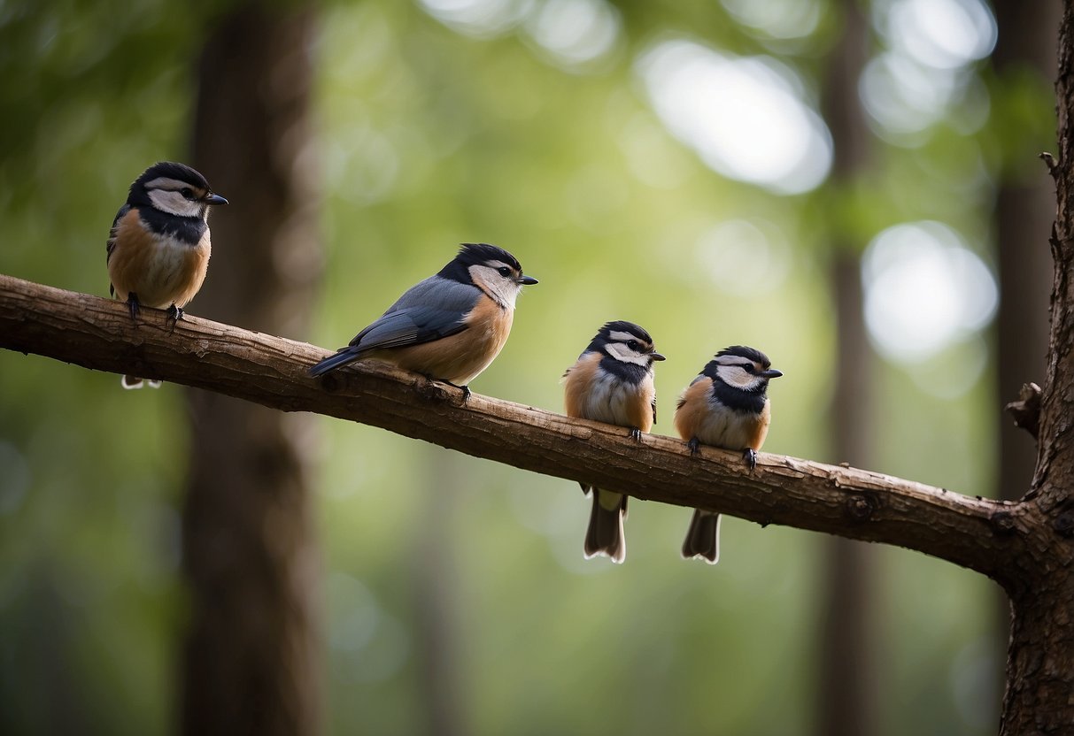 A serene forest setting with a variety of birds perched on lightweight bird watching poles, showcasing the ease and convenience of using them for bird watching