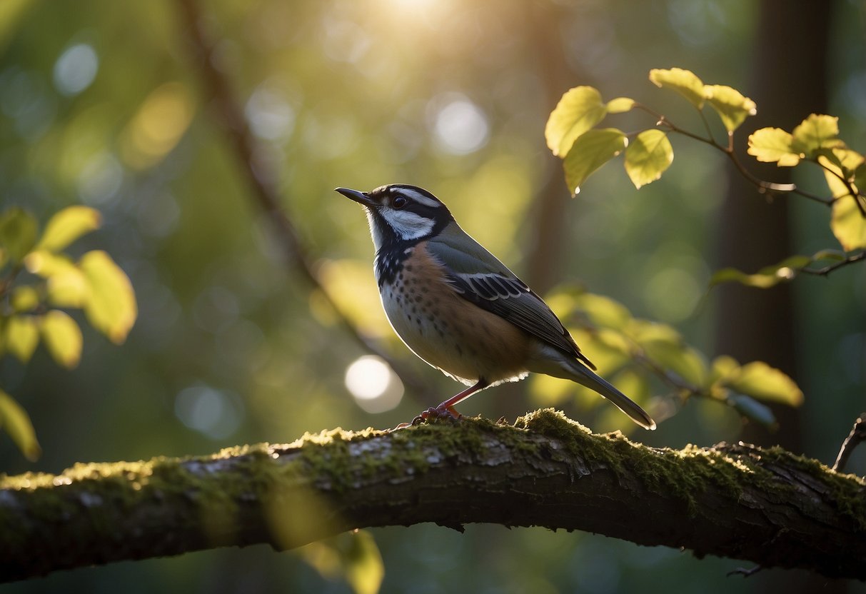 Birds perched on tree branches, chirping and flitting about. Sunlight filtering through the leaves, casting dappled shadows on the forest floor. Rustling of leaves and the gentle sound of bird calls fill the air